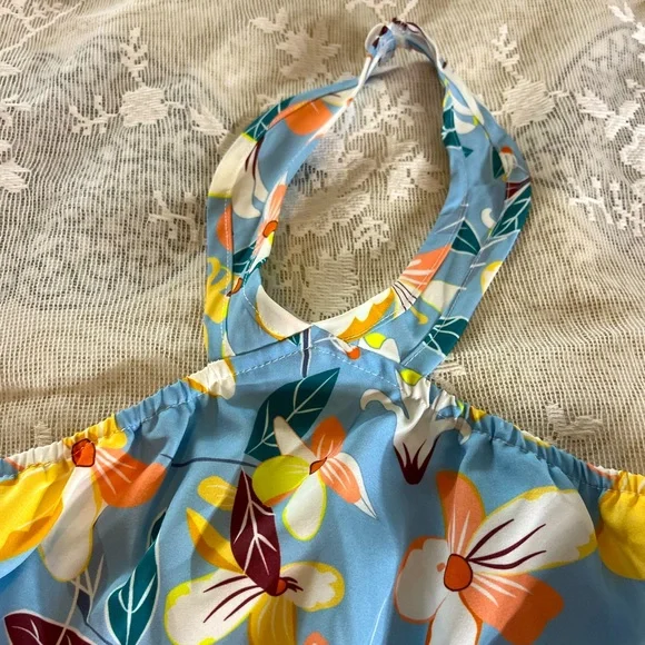 Floral Halter Dress in Blue and Yellow - Picture 2 of 6